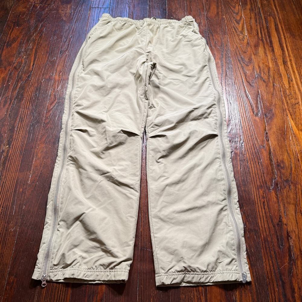 Nike Track Pants Womens M Beige Vintage 90s Full Side Zip‎ Baggy Wide Leg